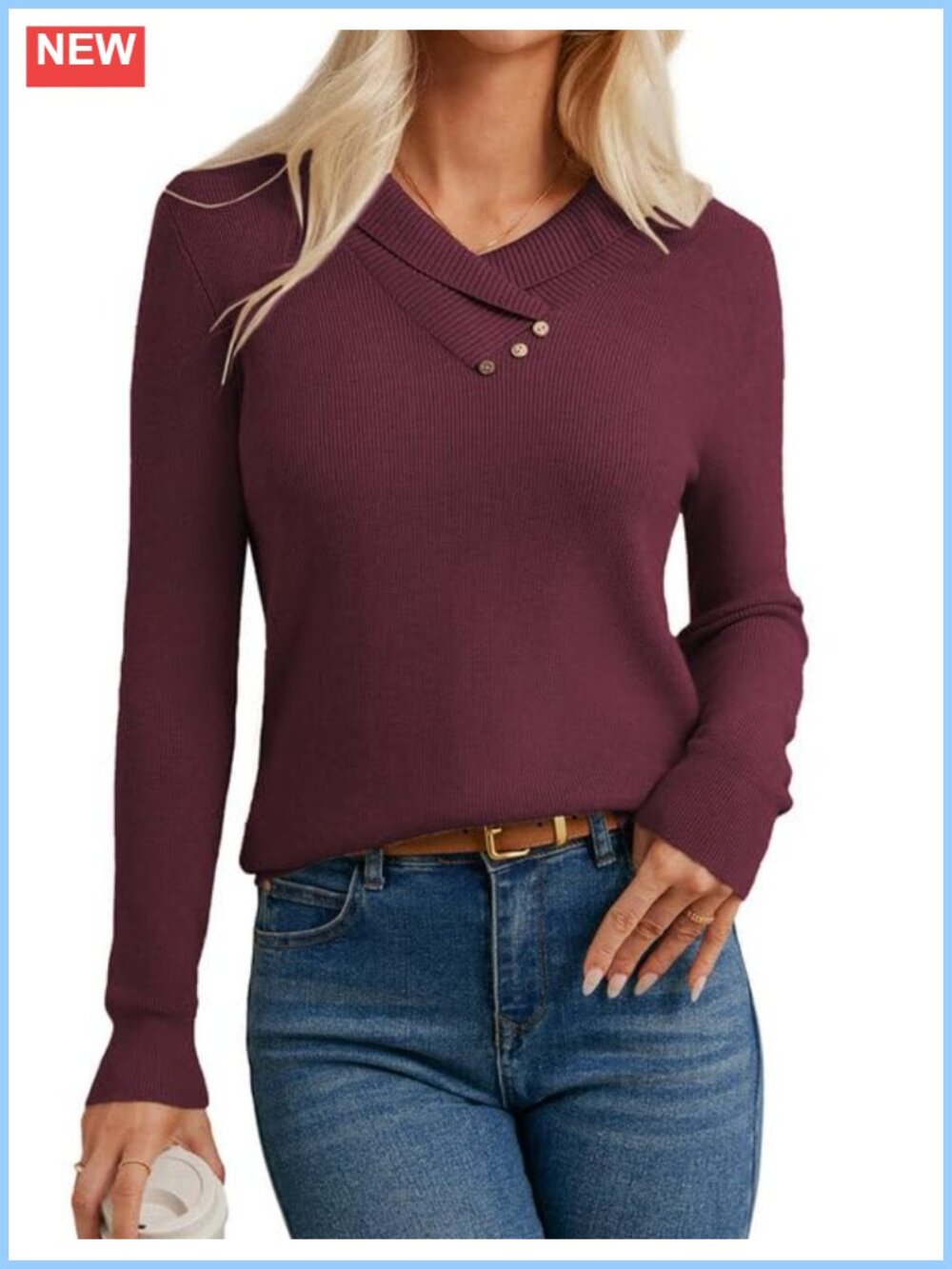 Women's Long Sleeve V-Neck Knit Pullover Sweater with Collar